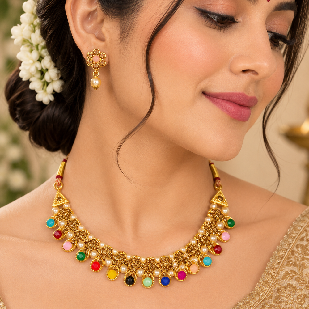 The99Jewel Gold Plated Pearl & Crystal Necklace Set for Women Traditional Jewellery