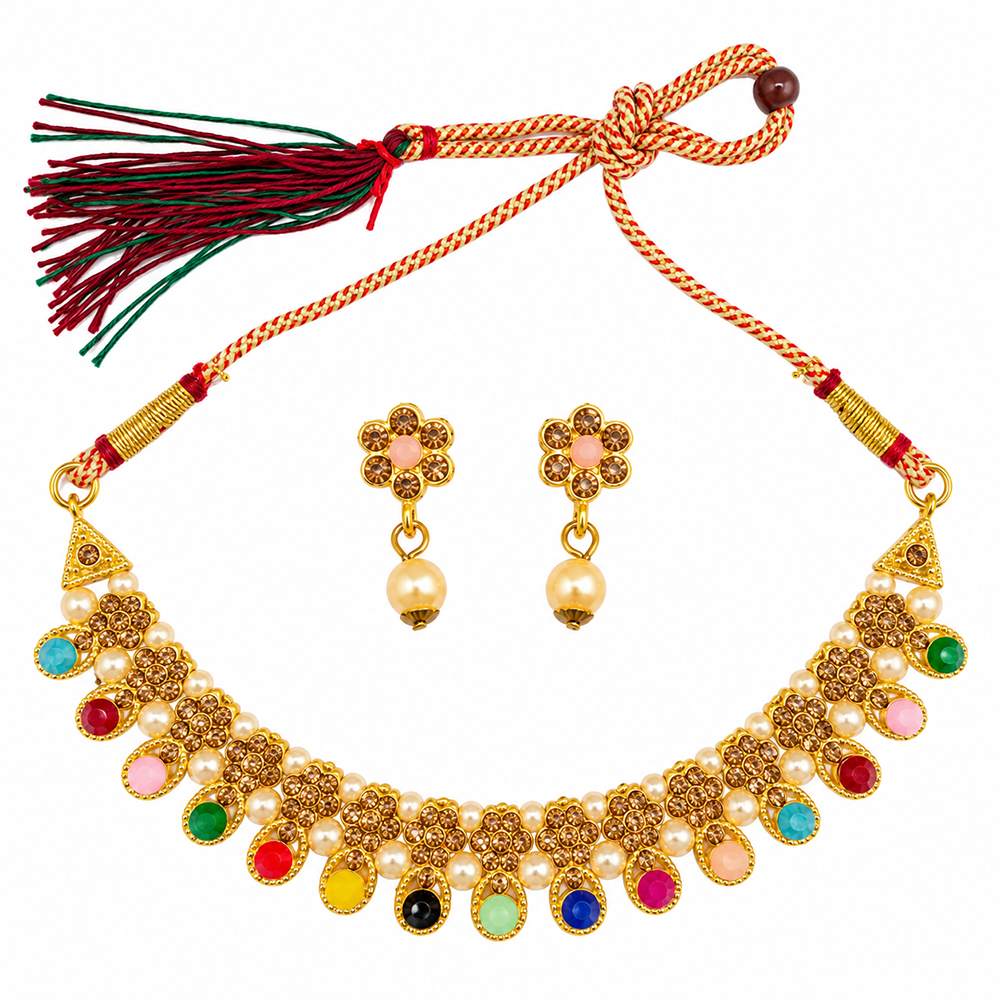 The99Jewel Gold Plated Pearl & Crystal Necklace Set for Women Traditional Jewellery