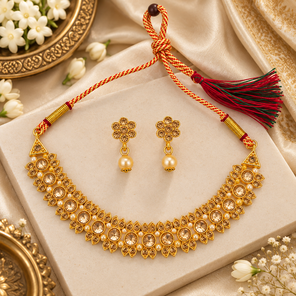 The99Jewel Gold Plated Pearl & Crystal Necklace Set for Women Traditional Jewellery 