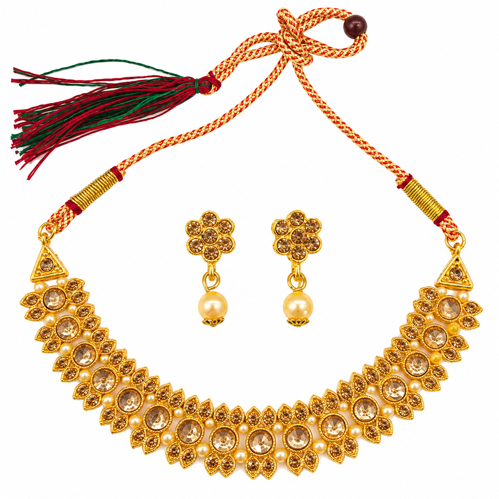 The99Jewel Gold Plated Pearl & Crystal Necklace Set for Women Traditional Jewellery