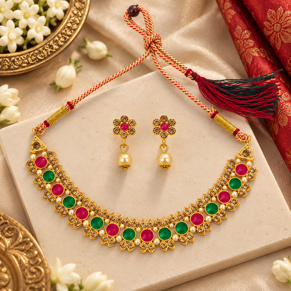The99Jewel Gold Plated Pearl & Crystal Necklace Set for Women Traditional Jewellery