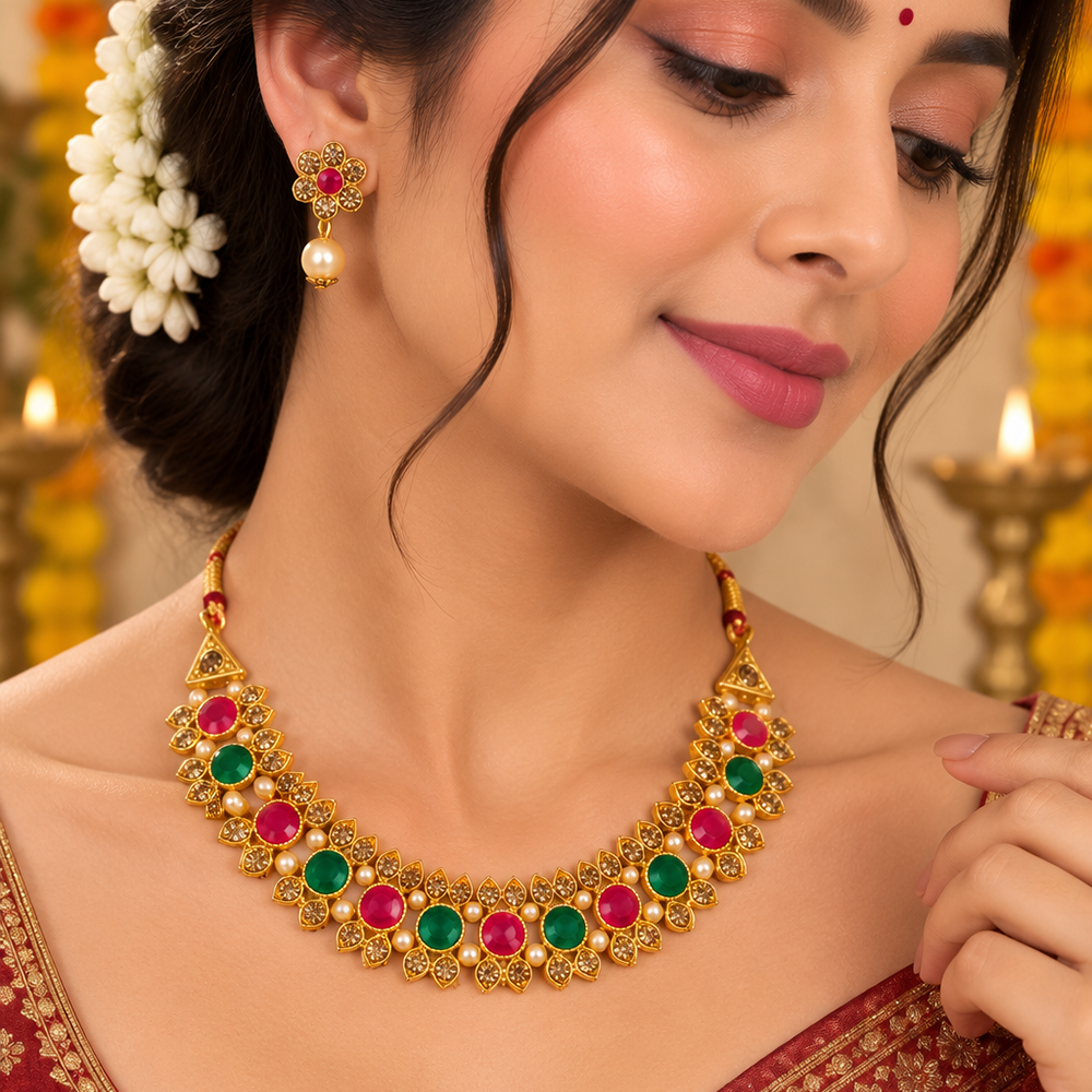 The99Jewel Gold Plated Pearl & Crystal Necklace Set for Women Traditional Jewellery 