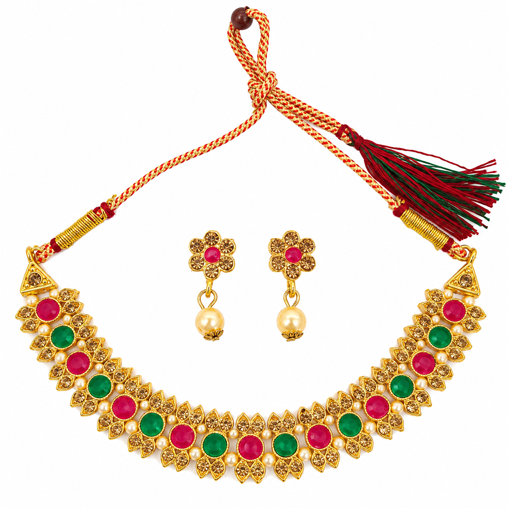 The99Jewel Gold Plated Pearl & Crystal Necklace Set for Women Traditional Jewellery