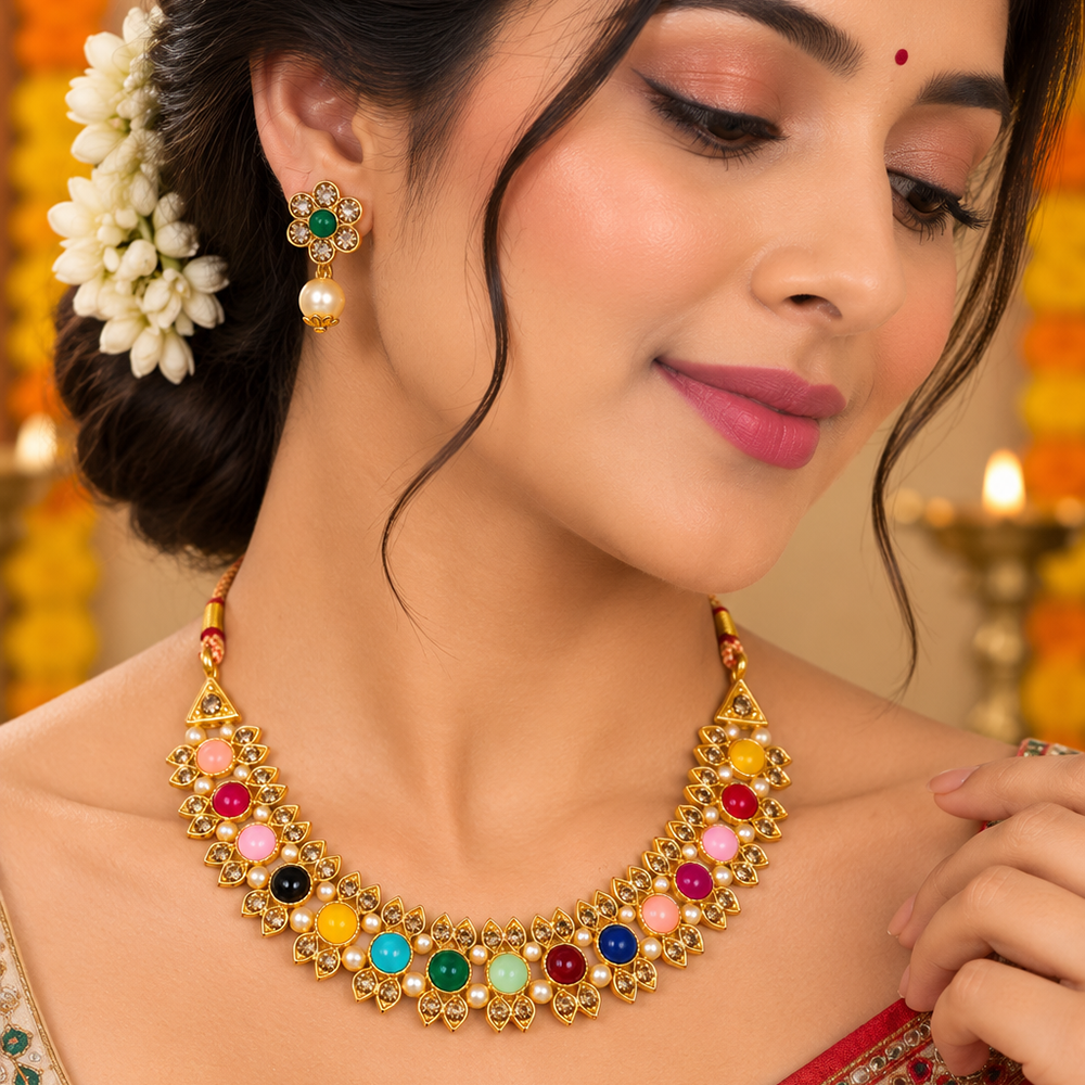 The99Jewel Gold Plated Pearl & Crystal Necklace Set for Women Traditional Jewellery 