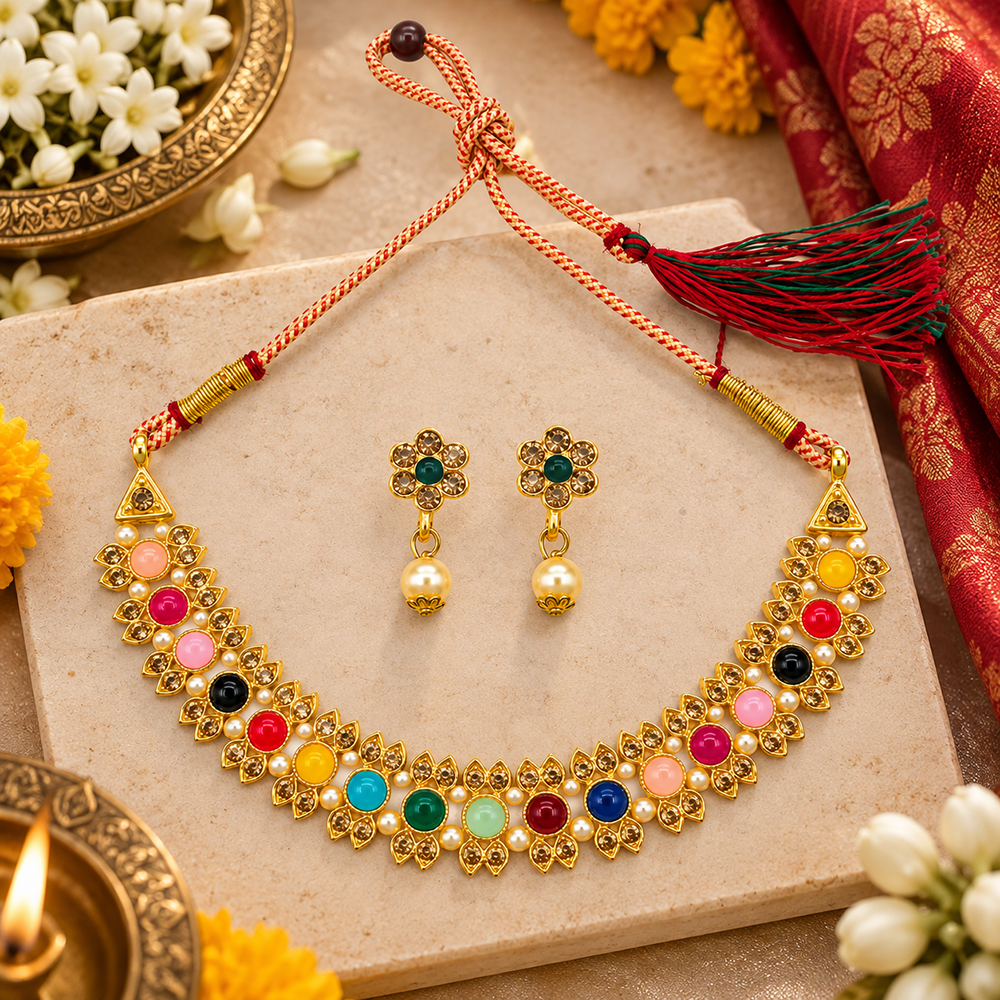 The99Jewel Gold Plated Pearl & Crystal Necklace Set for Women Traditional Jewellery