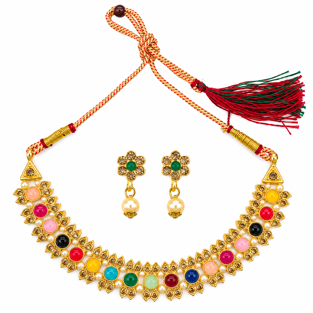 The99Jewel Gold Plated Pearl & Crystal Necklace Set for Women Traditional Jewellery