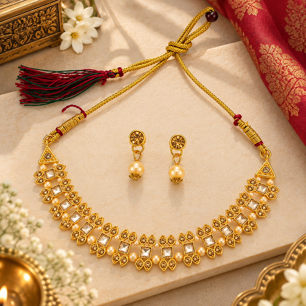 The99Jewel Gold Plated Pearl & Crystal Necklace Set for Women Traditional Jewellery 