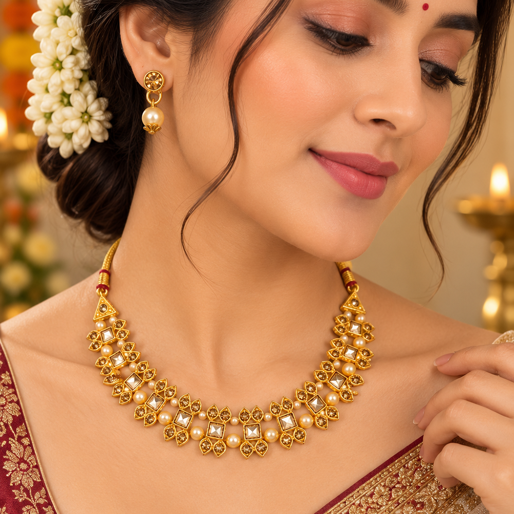 The99Jewel Gold Plated Pearl & Crystal Necklace Set for Women Traditional Jewellery