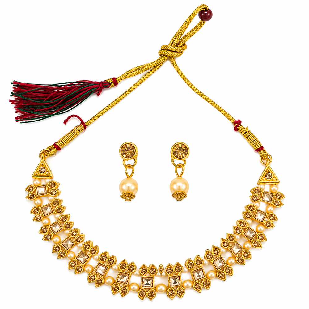 The99Jewel Gold Plated Pearl & Crystal Necklace Set for Women Traditional Jewellery