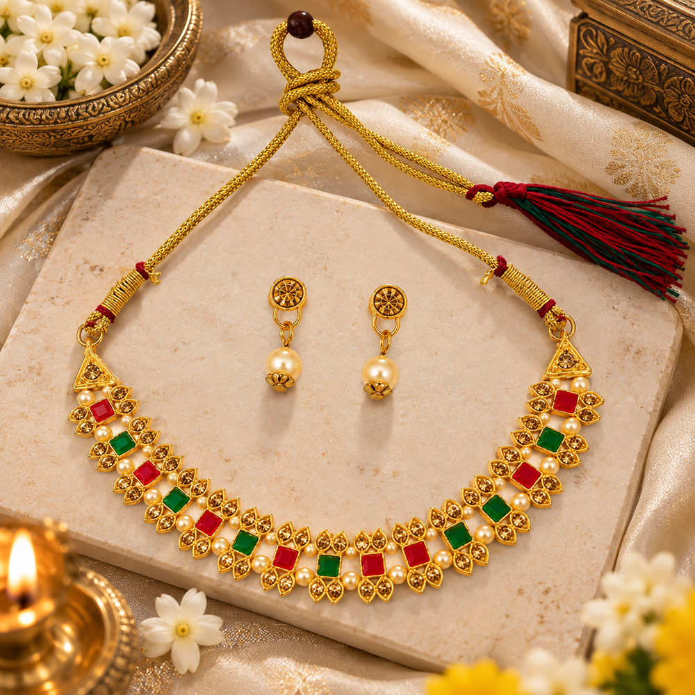 The99Jewel Gold Plated Pearl & Crystal Necklace Set for Women Traditional Jewellery 