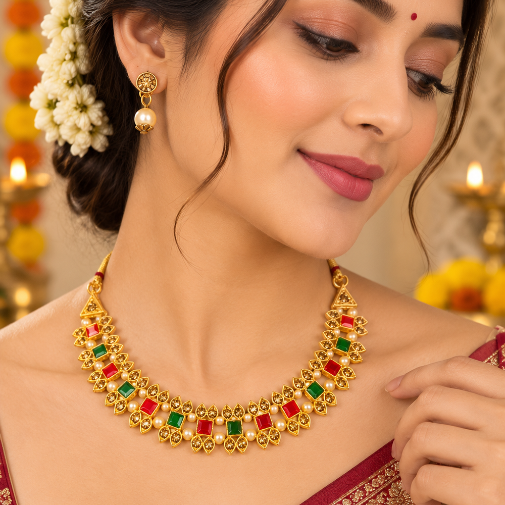 The99Jewel Gold Plated Pearl & Crystal Necklace Set for Women Traditional Jewellery