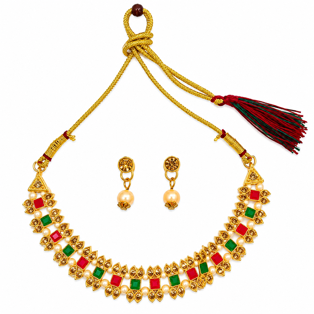 The99Jewel Gold Plated Pearl & Crystal Necklace Set for Women Traditional Jewellery