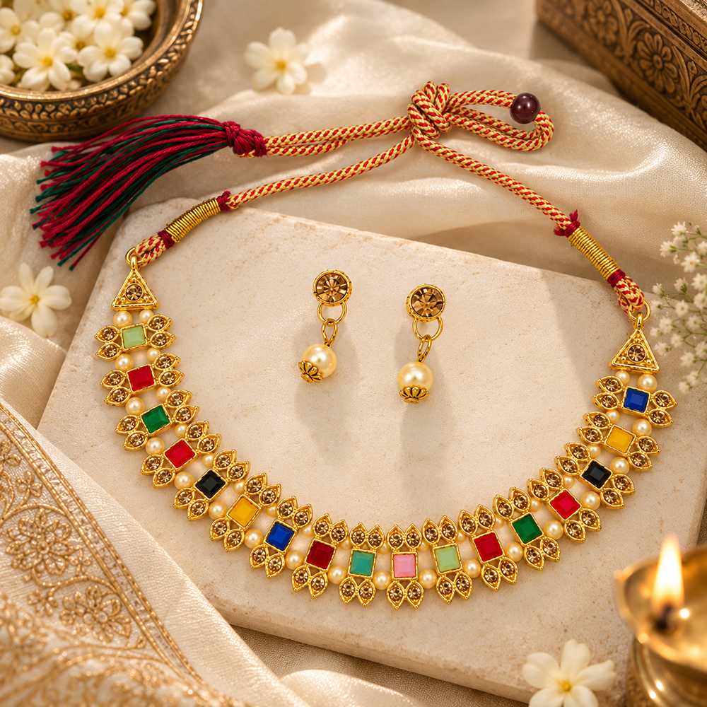 The99Jewel Gold Plated Pearl & Crystal Necklace Set for Women Traditional Jewellery 