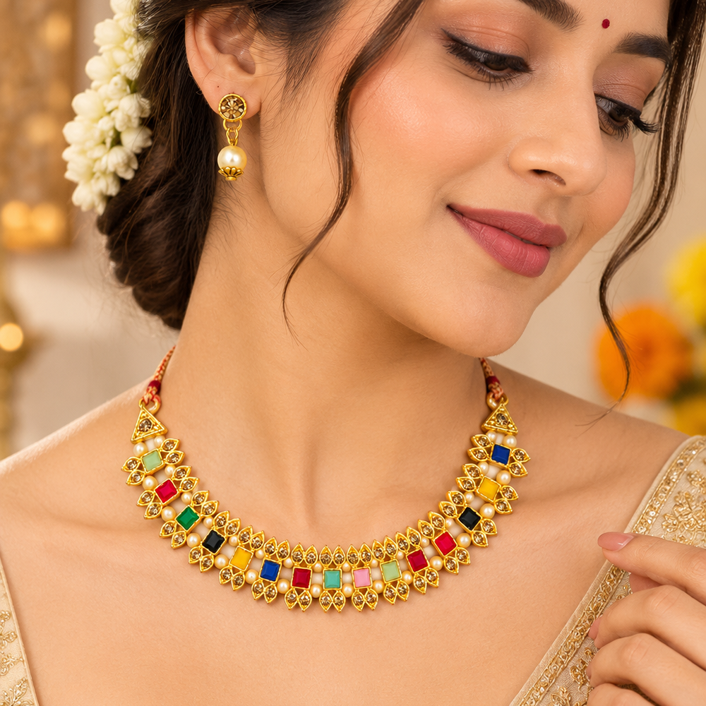 The99Jewel Gold Plated Pearl & Crystal Necklace Set for Women Traditional Jewellery
