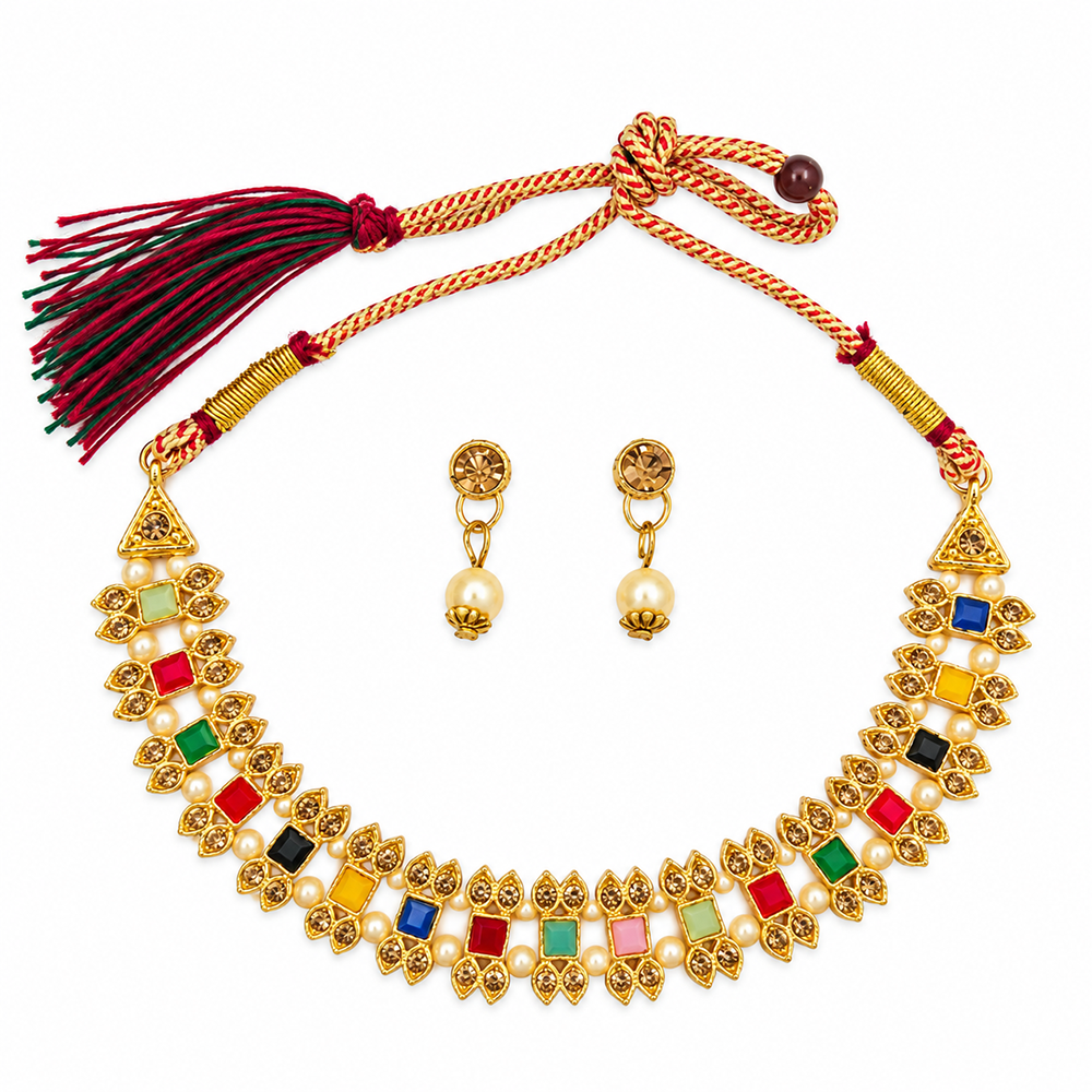 The99Jewel Gold Plated Pearl & Crystal Necklace Set for Women Traditional Jewellery