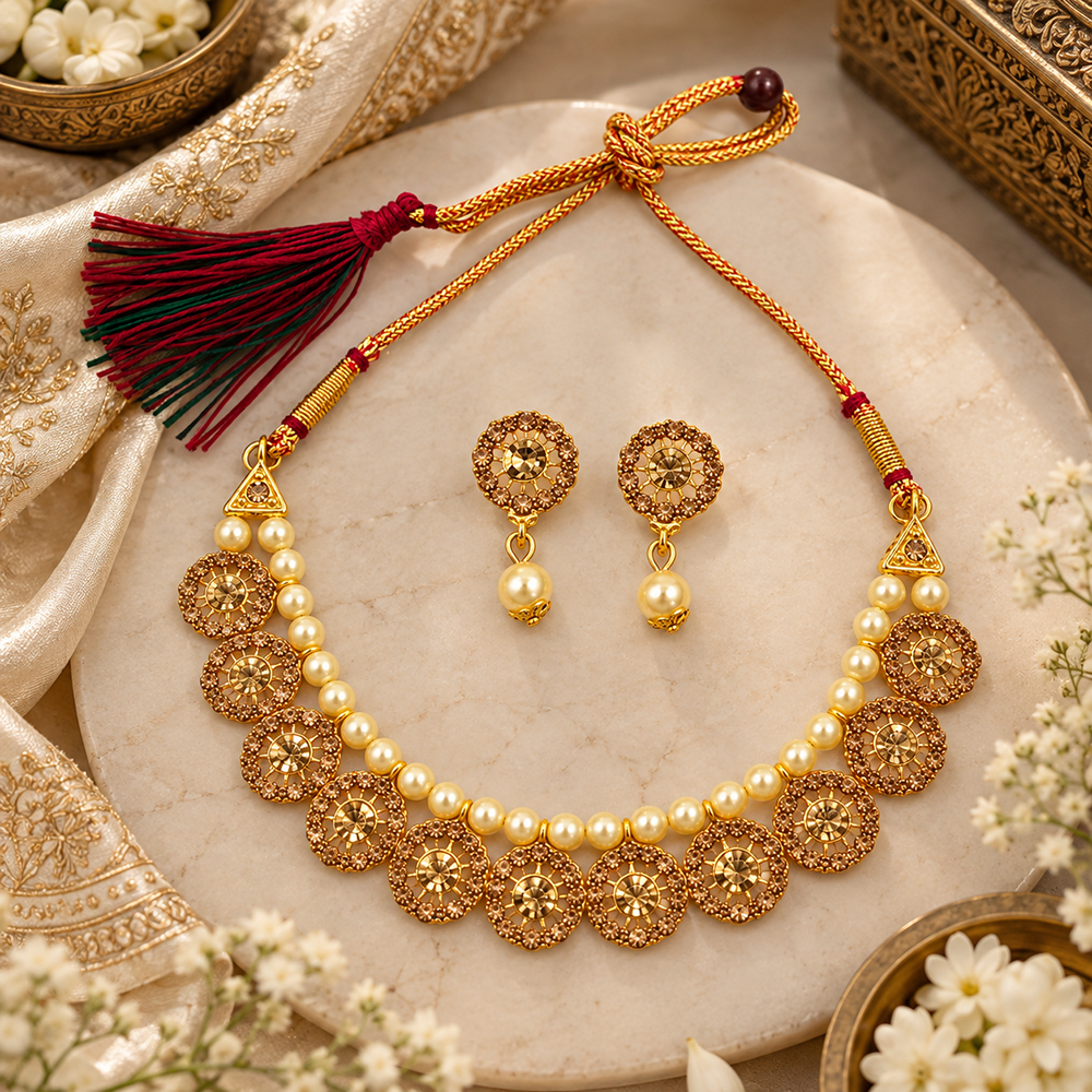 The99Jewel Gold Plated Pearl & Crystal Necklace Set for Women Traditional Jewellery 