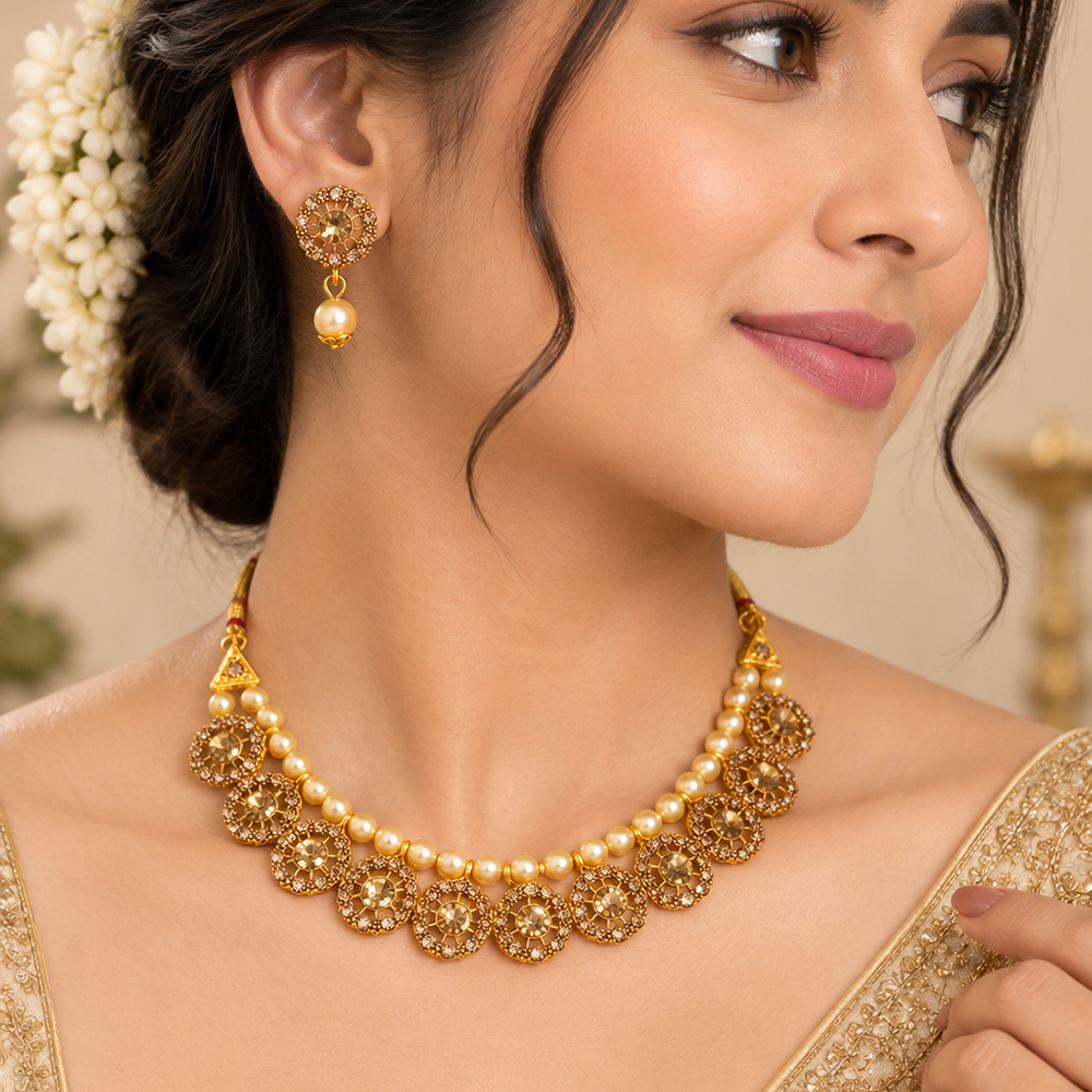 The99Jewel Gold Plated Pearl & Crystal Necklace Set for Women Traditional Jewellery