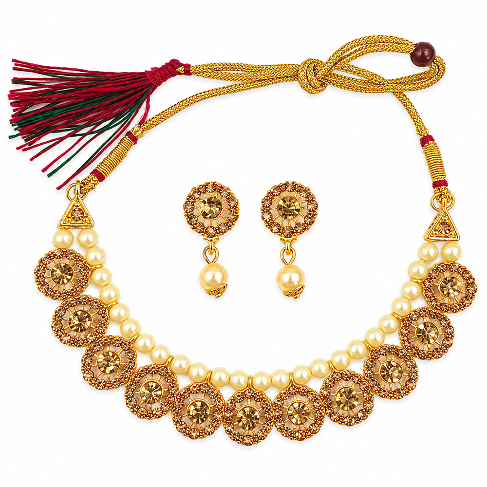 The99Jewel Gold Plated Pearl & Crystal Necklace Set for Women Traditional Jewellery