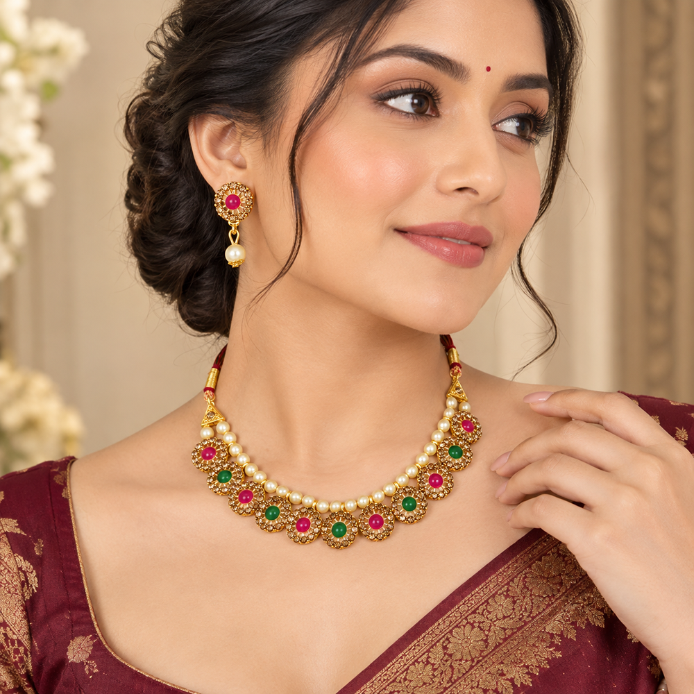The99Jewel Gold Plated Pearl & Crystal Necklace Set for Women Traditional Jewellery 