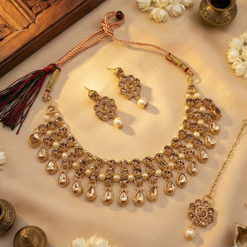 The99Jewel Stylish Austrian & Crystal Stone Pearl Choker Necklace Set for Women Fashion Jewellery
