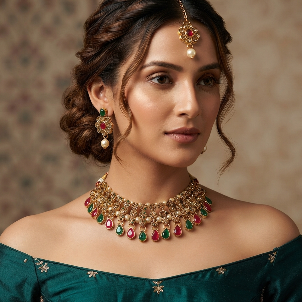 The99Jewel Stylish Austrian & Crystal Stone Pearl Choker Necklace Set for Women Fashion Jewellery