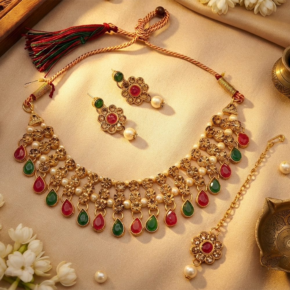 The99Jewel Stylish Austrian & Crystal Stone Pearl Choker Necklace Set for Women Fashion Jewellery