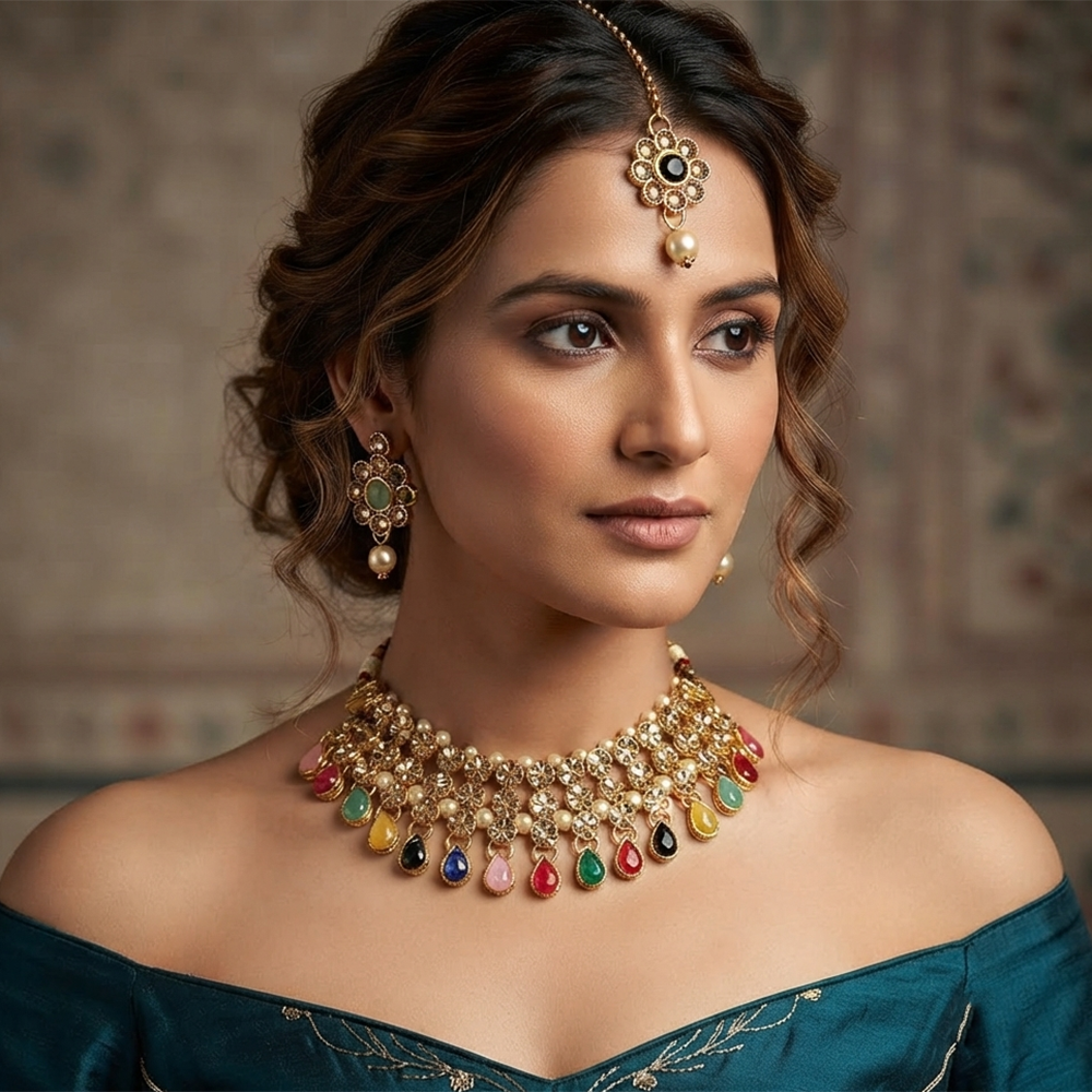 The99Jewel Stylish Austrian & Crystal Stone Pearl Choker Necklace Set for Women Fashion Jewellery