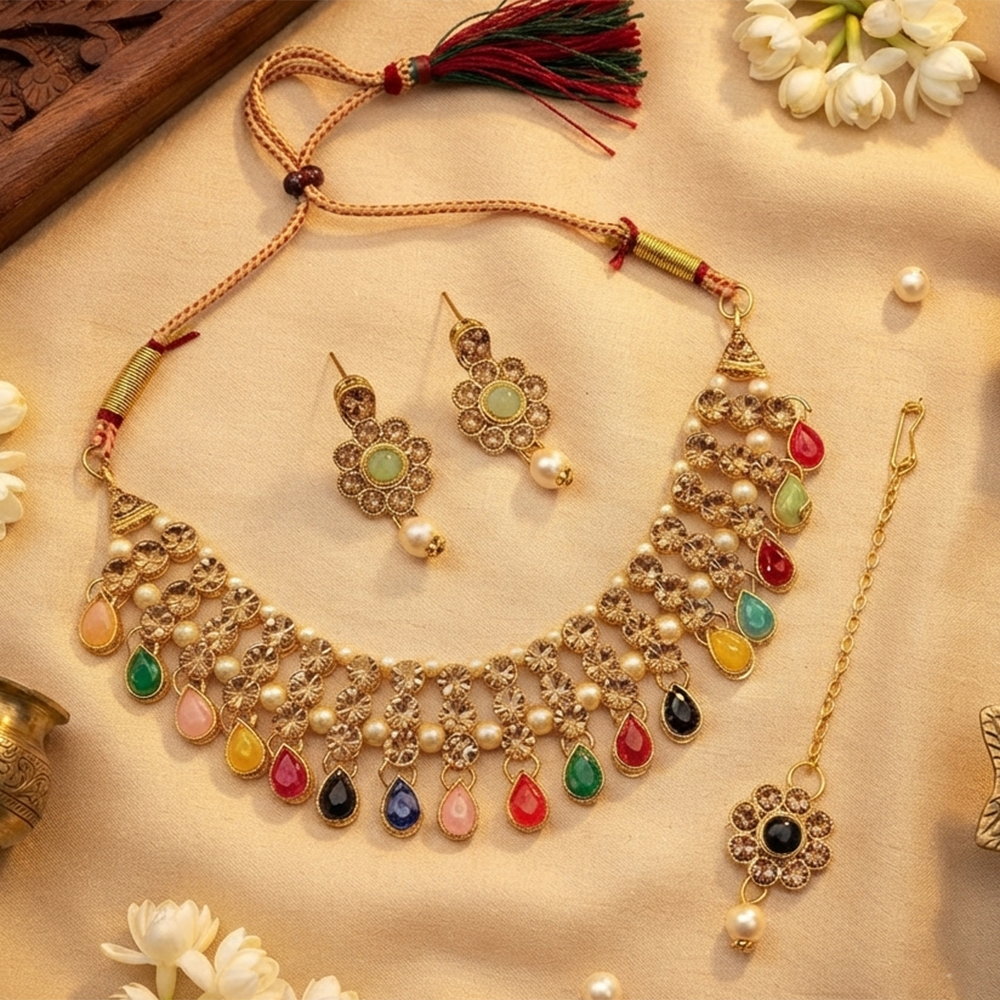 The99Jewel Stylish Austrian & Crystal Stone Pearl Choker Necklace Set for Women Fashion Jewellery