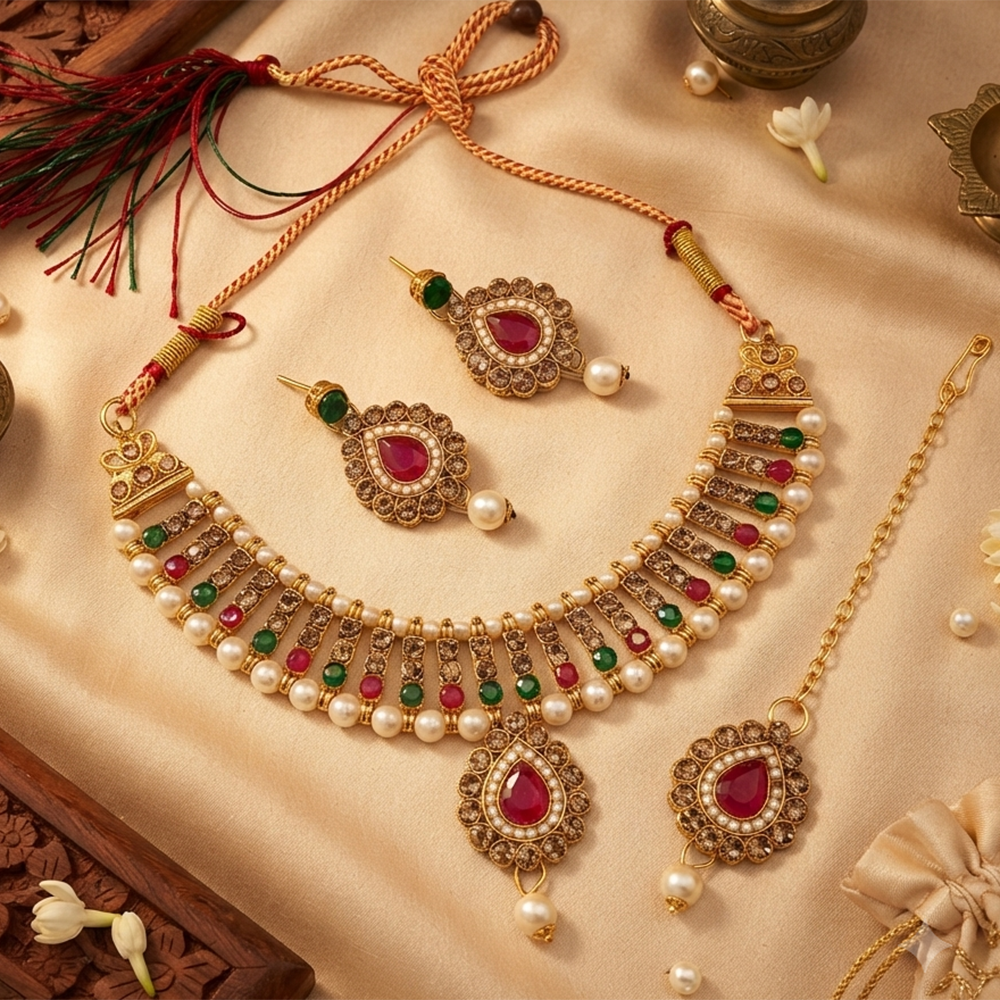 The99Jewel Modern Austrian & Crystal Stone Pearl Choker Necklace Set for Women Fashion Jewellery
