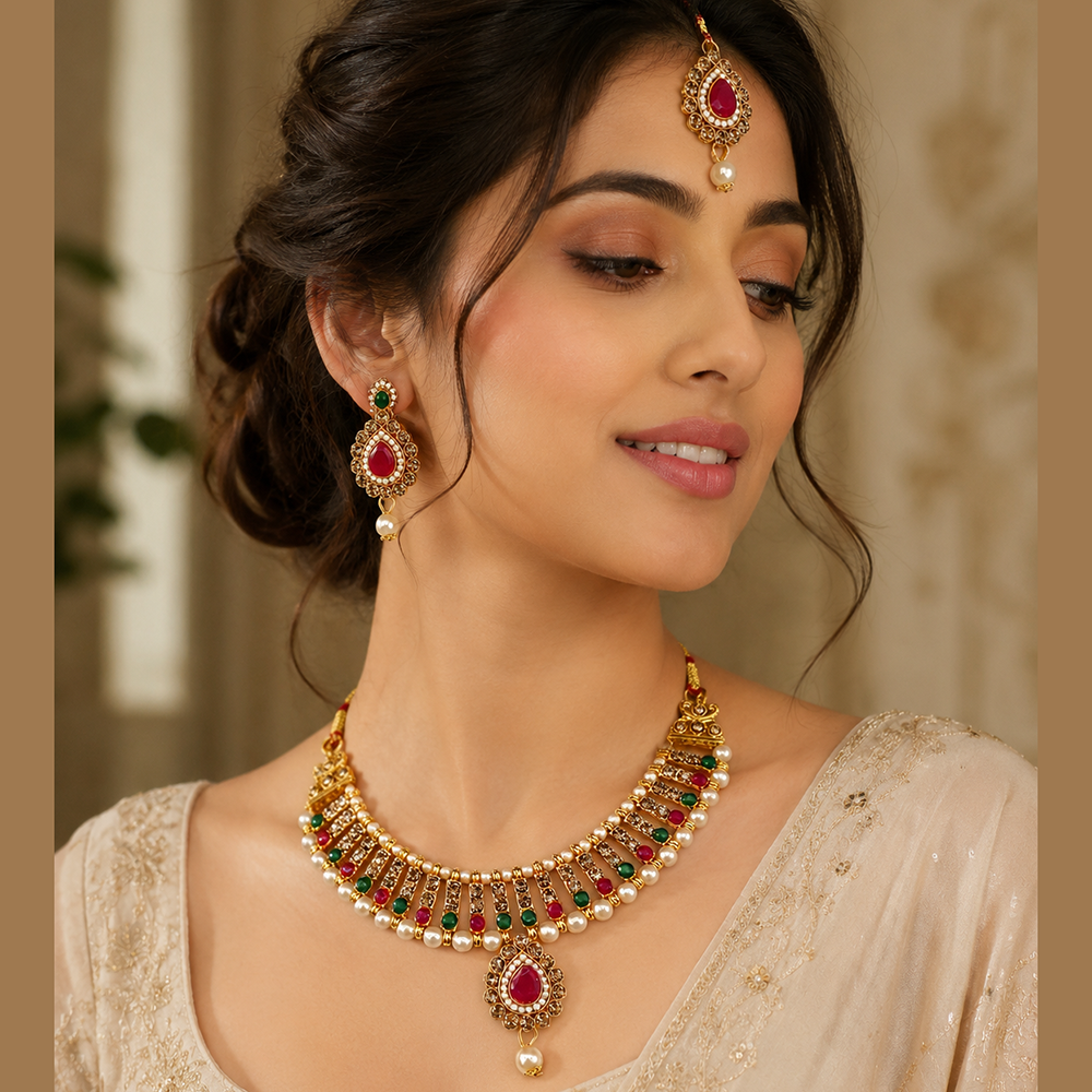 The99Jewel Modern Austrian & Crystal Stone Pearl Choker Necklace Set for Women Fashion Jewellery