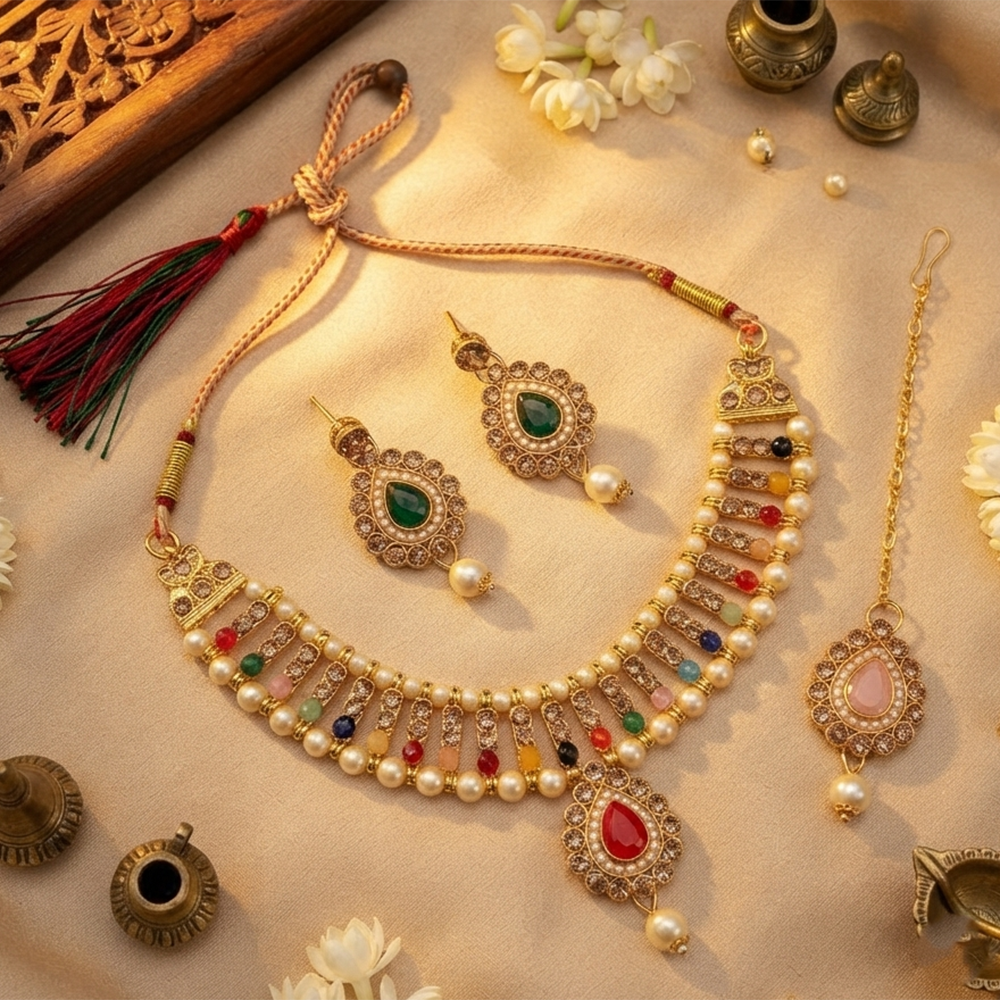 The99Jewel Modern Austrian & Crystal Stone Pearl Choker Necklace Set for Women Fashion Jewellery