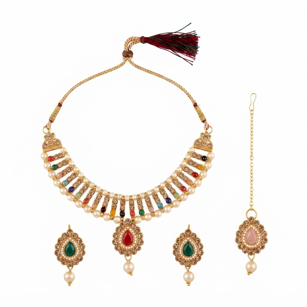 The99Jewel Modern Austrian & Crystal Stone Pearl Choker Necklace Set for Women Fashion Jewellery
