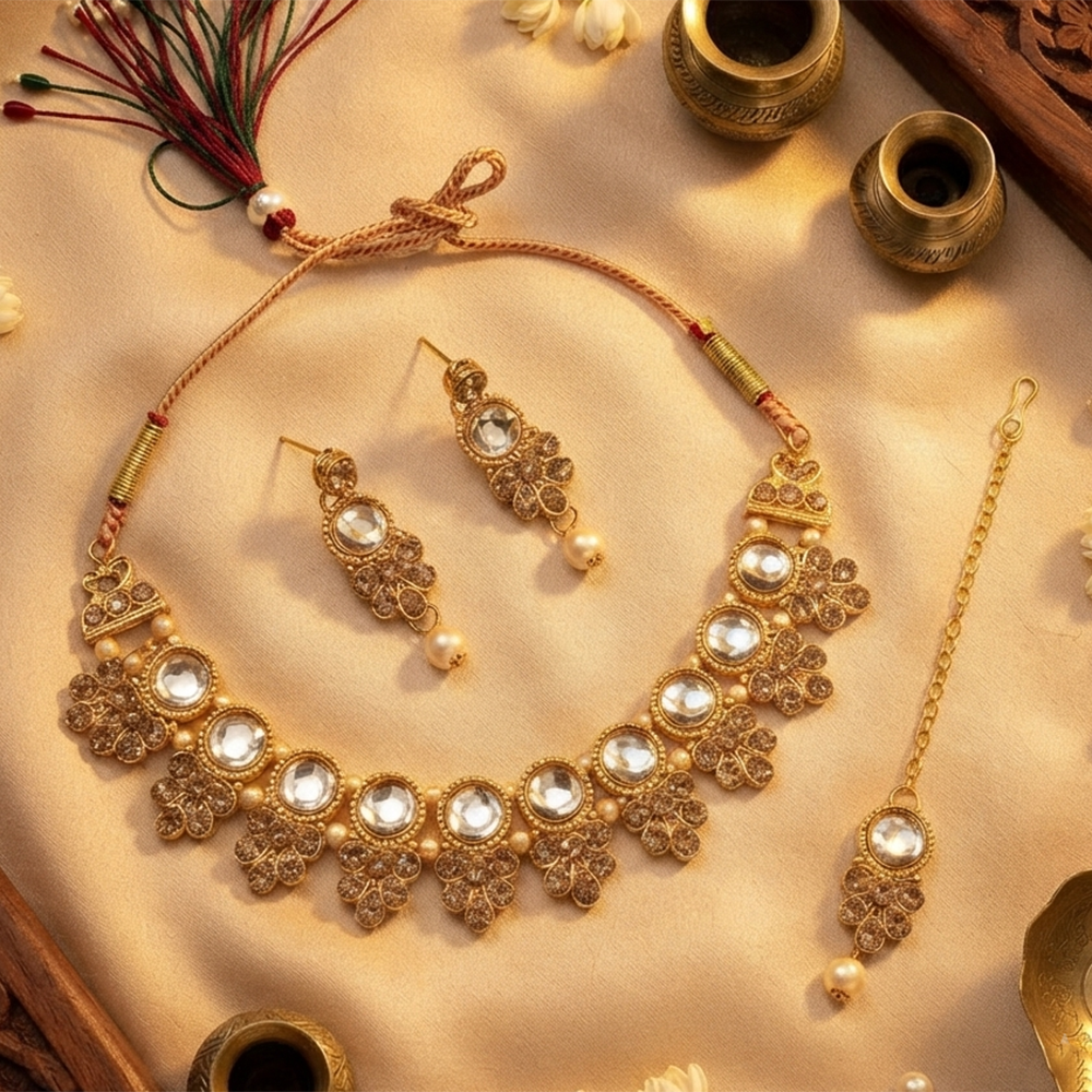 The99Jewel Traditional  Austrian & Crystal Stone Pearl Choker Necklace Set for Women Fashion Jewellery
