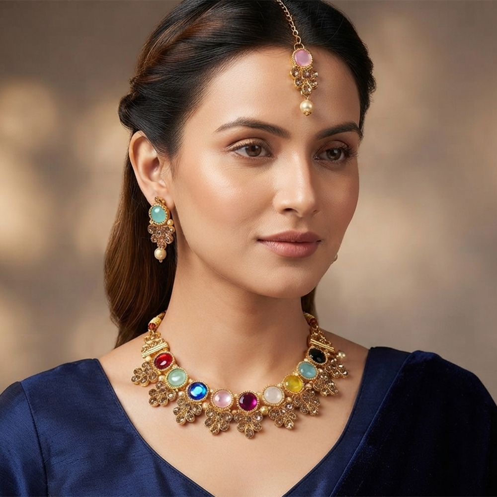 The99Jewel Traditional  Austrian & Crystal Stone Pearl Choker Necklace Set for Women Fashion Jewellery