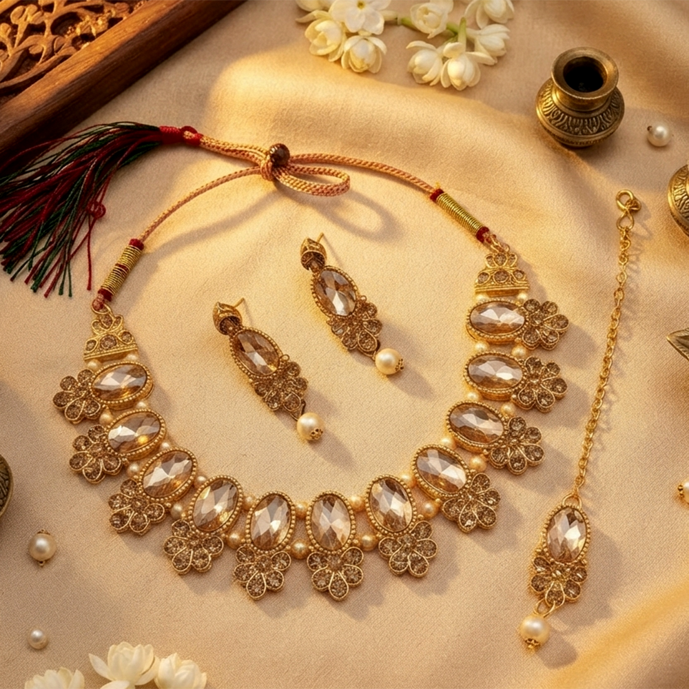 The99Jewel Stylish Austrian & Crystal Stone Pearl Choker Necklace Set for Women Fashion Jewellery