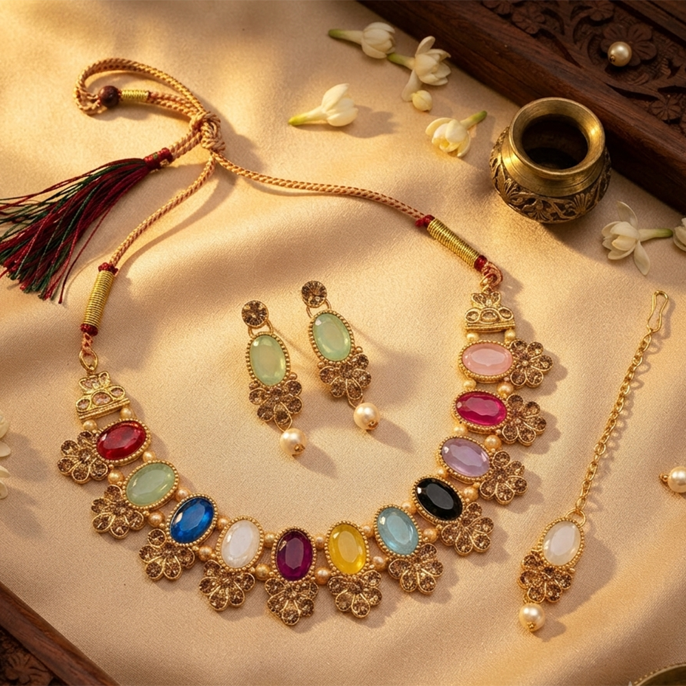 The99Jewel Stylish Austrian & Crystal Stone Pearl Choker Necklace Set for Women Fashion Jewellery