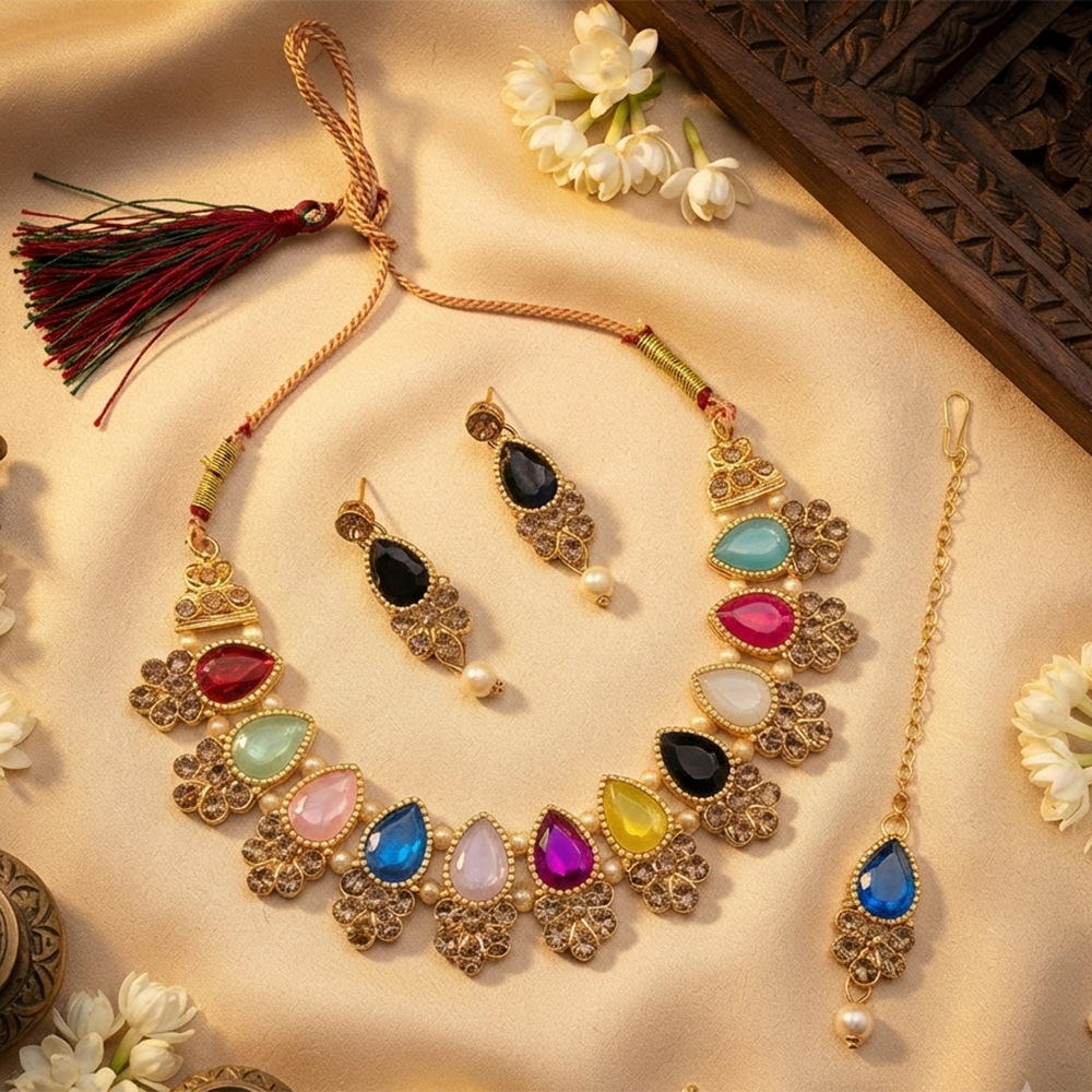 The99Jewel Modern Austrian & Crystal Stone Pearl Choker Necklace Set for Women Fashion Jewellery