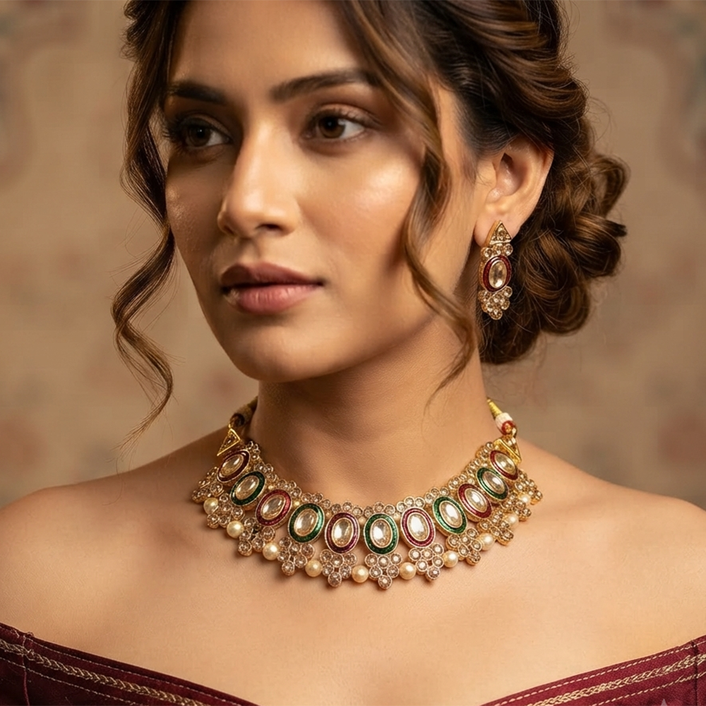 The99Jewel Modern Austrian & Crystal Stone Pearl Choker Necklace Set for Women Fashion Jewellery