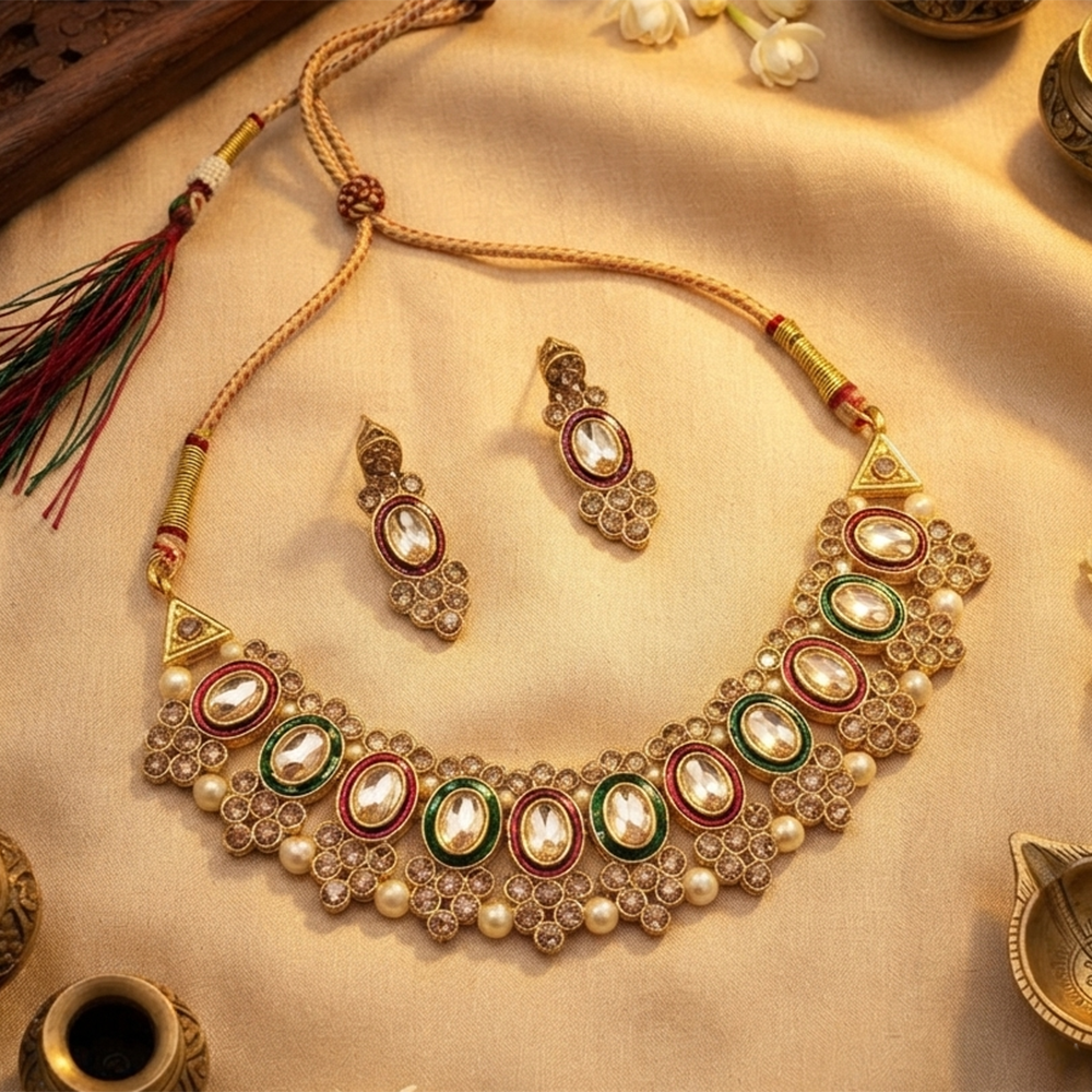 The99Jewel Modern Austrian & Crystal Stone Pearl Choker Necklace Set for Women Fashion Jewellery
