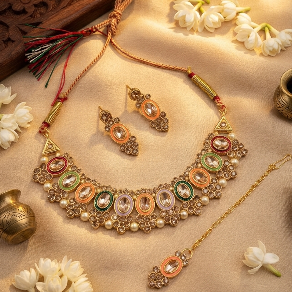 The99Jewel Traditional  Austrian & Crystal Stone Pearl Choker Necklace Set for Women Fashion Jewellery