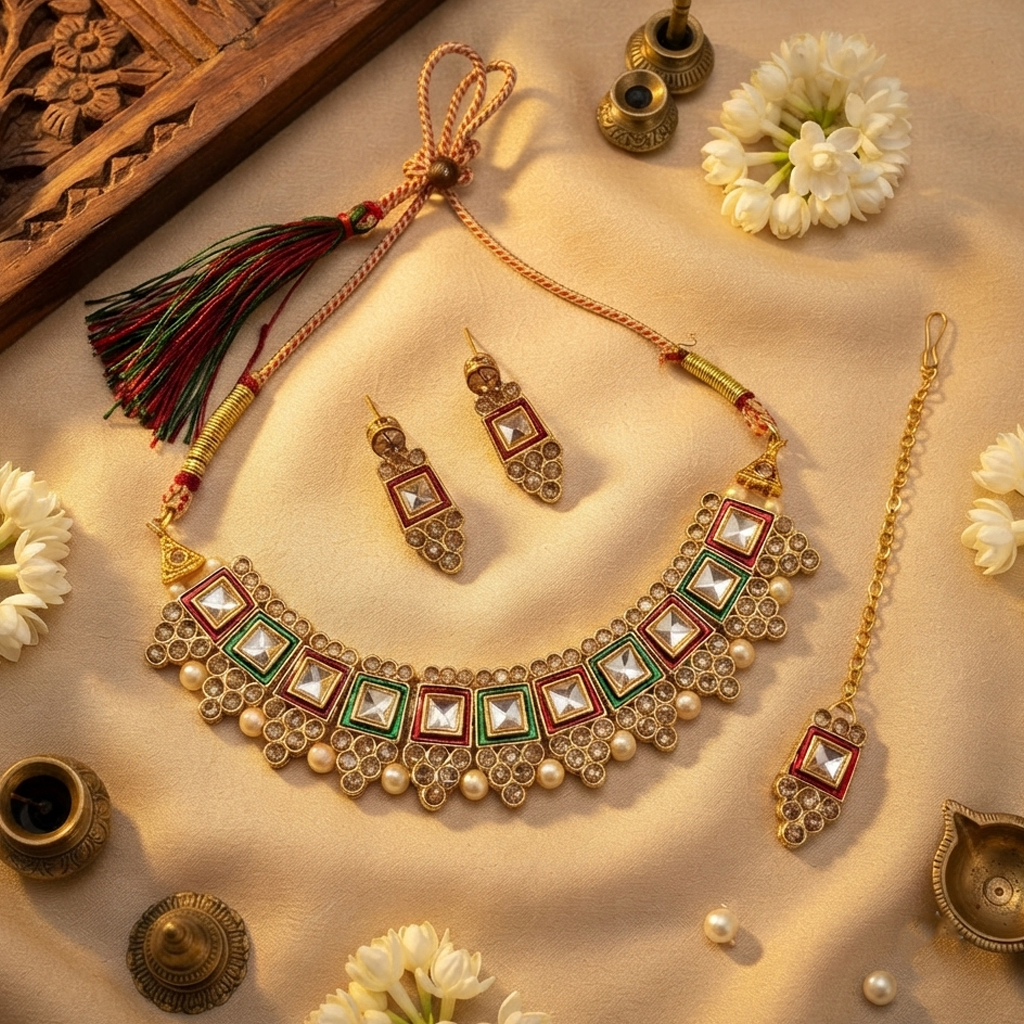 The99Jewel Traditional  Austrian & Crystal Stone Pearl Choker Necklace Set for Women Fashion Jewellery