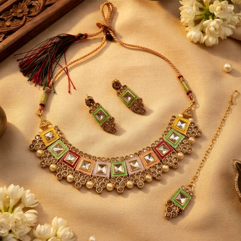 The99Jewel Stylish Austrian & Crystal Stone Pearl Choker Necklace Set for Women Fashion Jewellery