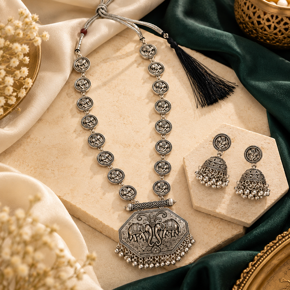 The99Jewel Oxidised Plated Pearl Long Necklace Designer Jewellery Set