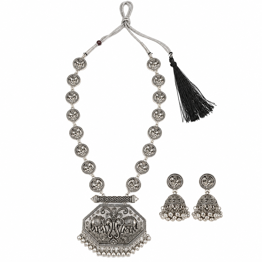 The99Jewel Oxidised Plated Pearl Long Necklace Designer Jewellery Set