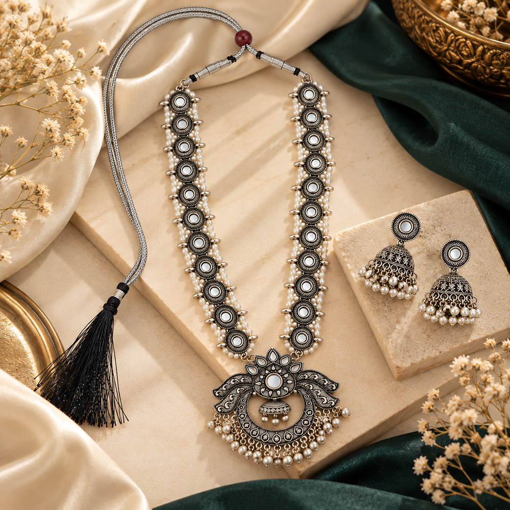 The99Jewel Oxidised Plated Mirror And Pearl Long Necklace Designer Jewellery Set