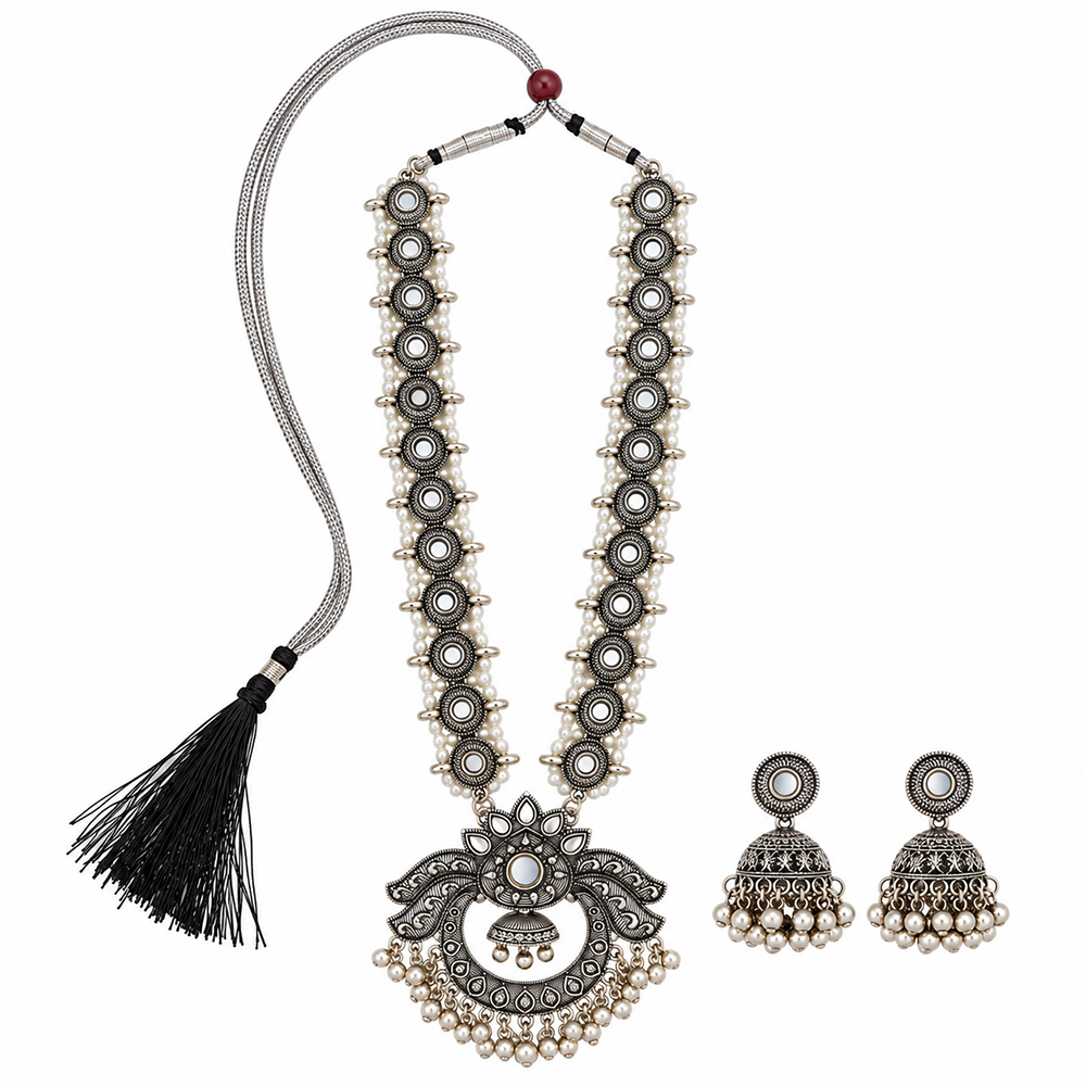 The99Jewel Oxidised Plated Mirror And Pearl Long Necklace Designer Jewellery Set