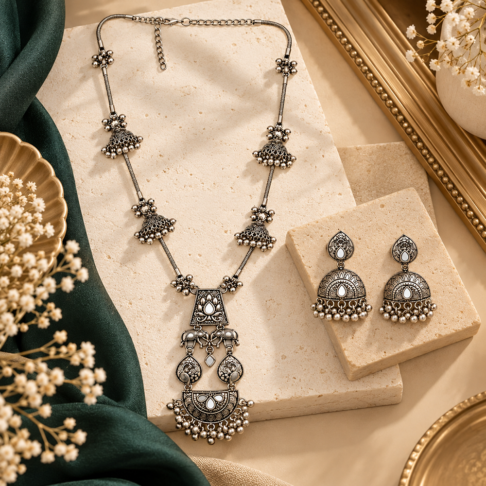 The99Jewel Oxidised Plated Mirror And Pearl Long Necklace Designer Jewellery Set