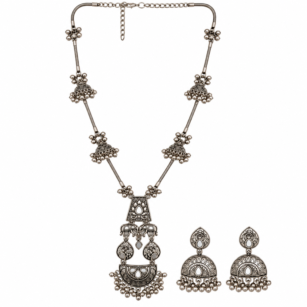 The99Jewel Oxidised Plated Mirror And Pearl Long Necklace Designer Jewellery Set