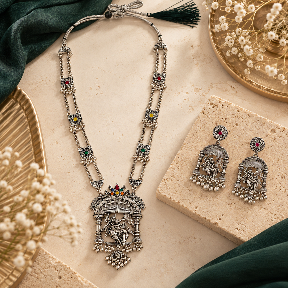 The99Jewel Oxidised Plated Pota Stone And Pearl Long Necklace Designer Jewellery Set