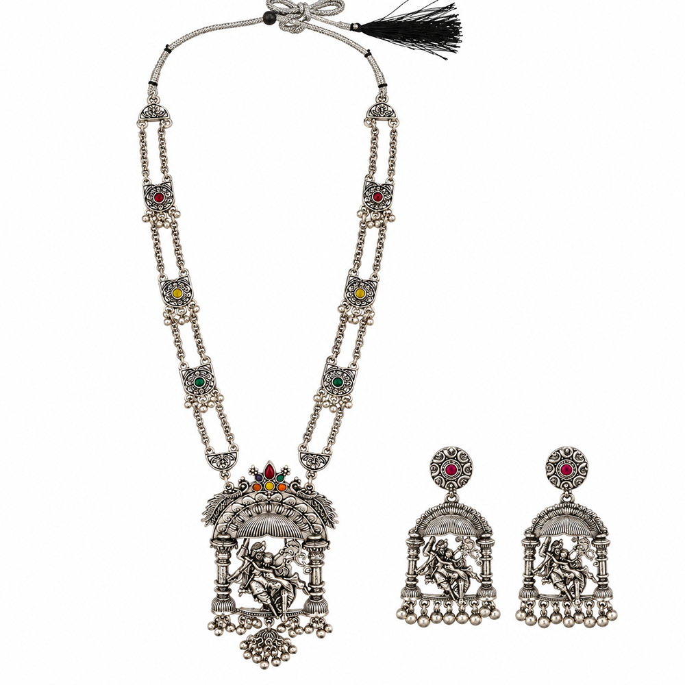 The99Jewel Oxidised Plated Pota Stone And Pearl Long Necklace Designer Jewellery Set